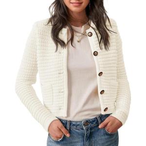 Saodimallsu Women&rsquo;s Lightweight Long Sleeve Cardigans Round Neck Button Down Sweater Vintage Classic Elegant Knit Sweater with Pockets(White)