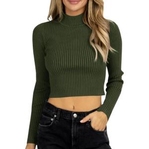 Saodimallsu Women&rsquo;s Long Sleeve Ribbed Knit Jumper Half Turtleneck Pullover Sexy Knit Slim Fit Sweater(Green Olive)