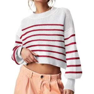 Saodimallsu Womens Oversized Striped Sweater Round Neck Long Sleeve Knitted Sweater(Red)