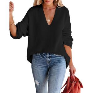 Saodimallsu Womens Plus Size Pullover V Neck Long Sleeve Pullover Tunic Knitted Chic Sweater(Black)