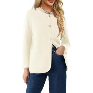 Saodimallsu Women&rsquo;s Round Neck Long Sleeve Top Autumn Winter Blazer Warm Elegant Business Coat with Pocket(Beige)