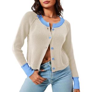 Saodimallsu Women&rsquo;s Short Cardigan, Button Down Sweater, Long Sleeve, Round Neck, Autumn Ribbed Cardigan, Color Block, Fashion Knit(Apricot)