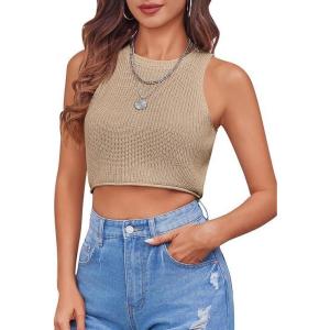 Saodimallsu Women&rsquo;s Summer Backless Sleeveless Knitted Racerback Tank Top Slim Fit Crew Neck Basic(Khaki)