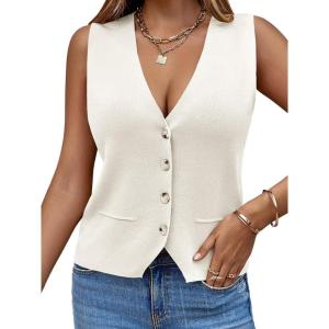 Saodimallsu Womens V Neck Button Up Knitted Sleeveless Vest(2-White)