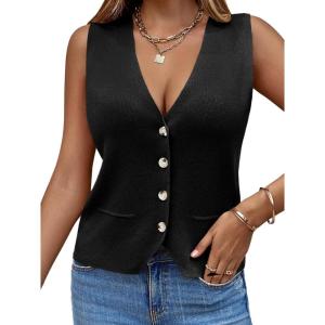 Saodimallsu Womens V Neck Button Up Knitted Sleeveless Vest(Black)