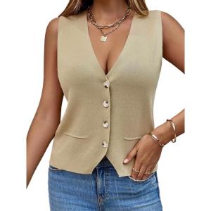 Saodimallsu Womens V Neck Button Up Knitted Sleeveless Vest(Khaki)