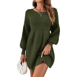 Saodimallsu womens knit dress round neck puff sleeve high waist sweater dress elegant knitted sweater dress mini swing dress(Army Green)