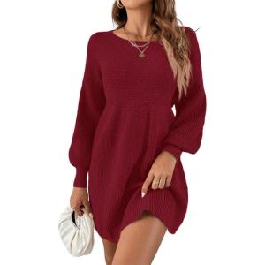 Saodimallsu womens knit dress round neck puff sleeve high waist sweater dress elegant knitted sweater dress mini swing dress(Bordeaux Red)