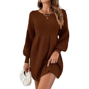 Saodimallsu womens knit dress round neck puff sleeve high waist sweater dress elegant knitted sweater dress mini swing dress(Brown)
