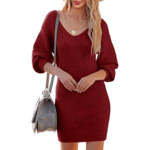 Saodimallsu womens knitted dress v neck long sleeve sweater elegant mini sweater dress casual tunic sweater sweater sweater dress for autumn winter(Bordeaux Red)