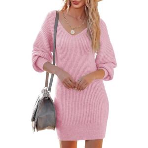 Saodimallsu womens knitted dress v neck long sleeve sweater elegant mini sweater dress casual tunic sweater sweater sweater dress for autumn winter(Pink)
