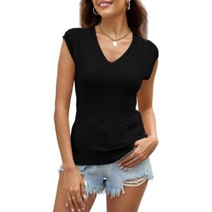 womens summer knitted tank tops v neck with wing sleeve casual lightweight crochet sleeveless breathable fashion basic(Black)