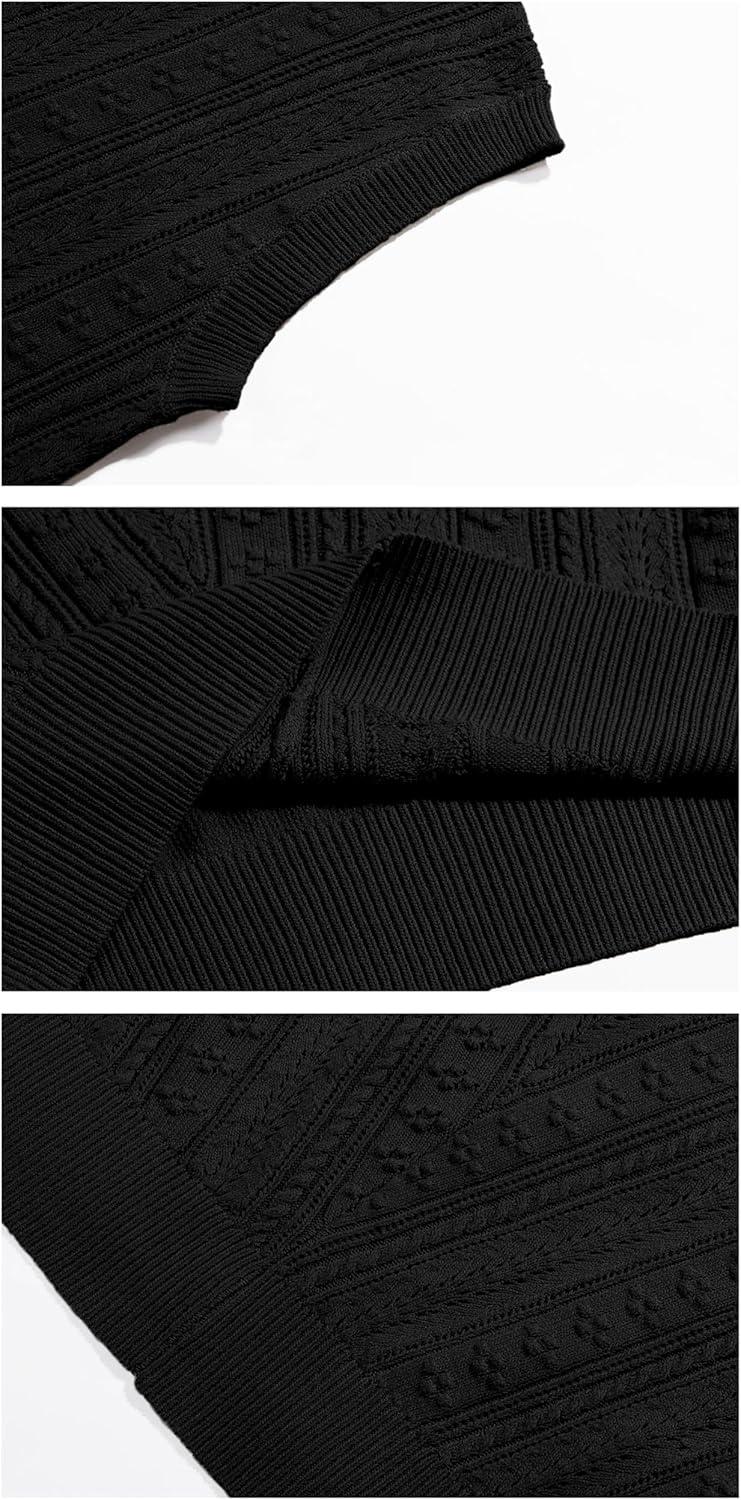imagewomens summer knitted tank tops v neck with wing sleeve casual lightweight crochet sleeveless breathable fashion basicBlack