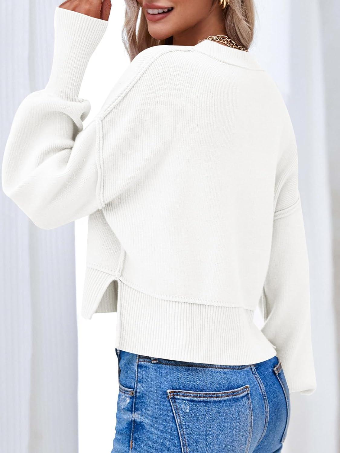 imageSaodimallsu Pull manches longues pour femme Col en V Pull en tricot ctel Dcontract et lgantBlanc