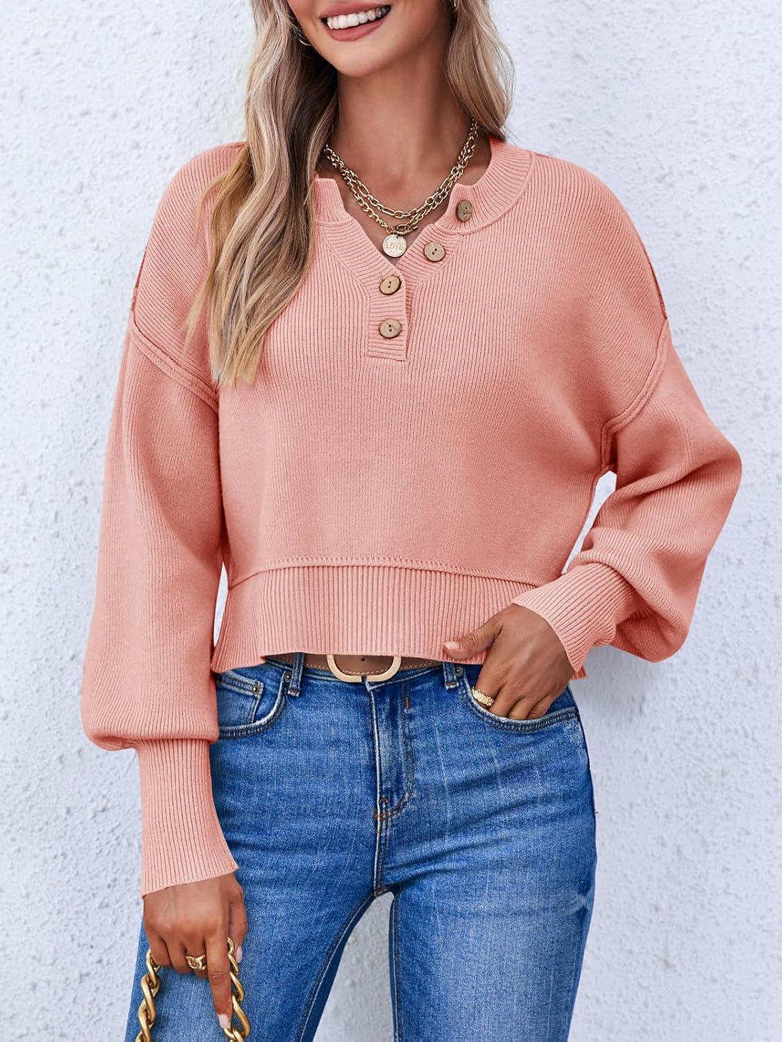 imageSaodimallsu Pull manches longues pour femme Col en V Pull en tricot ctel Dcontract et lgantRose
