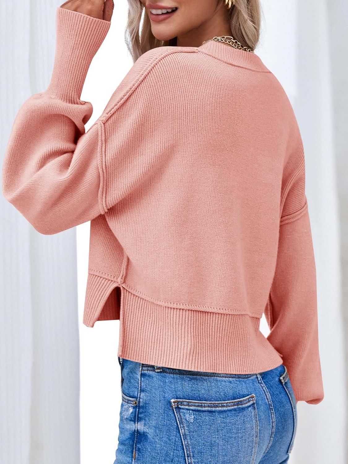 imageSaodimallsu Pull manches longues pour femme Col en V Pull en tricot ctel Dcontract et lgantRose