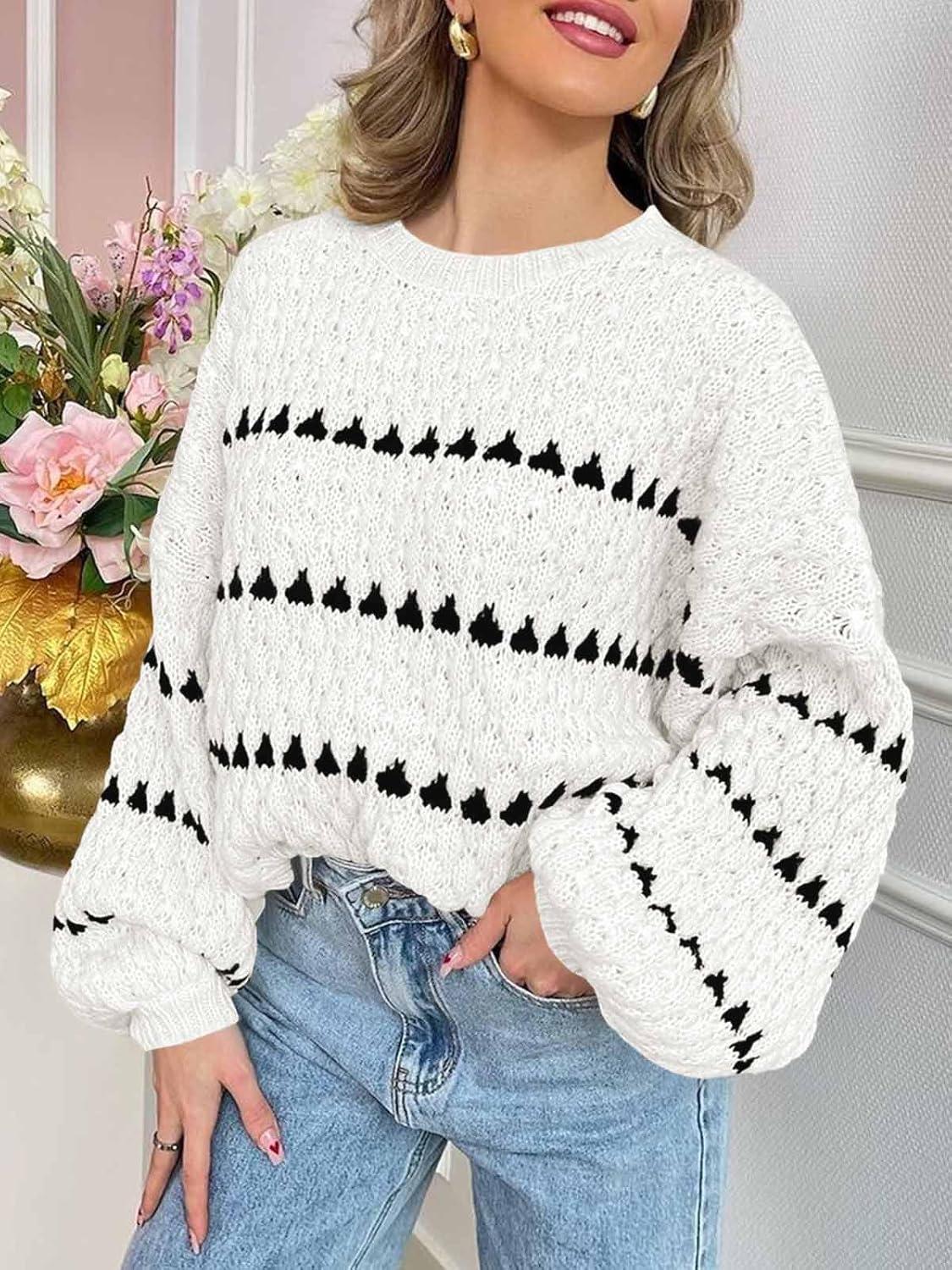 imageSaodimallsu Pull en tricot ray pour femme Manches longues bouffantes Col rond Automne TendanceBlanc