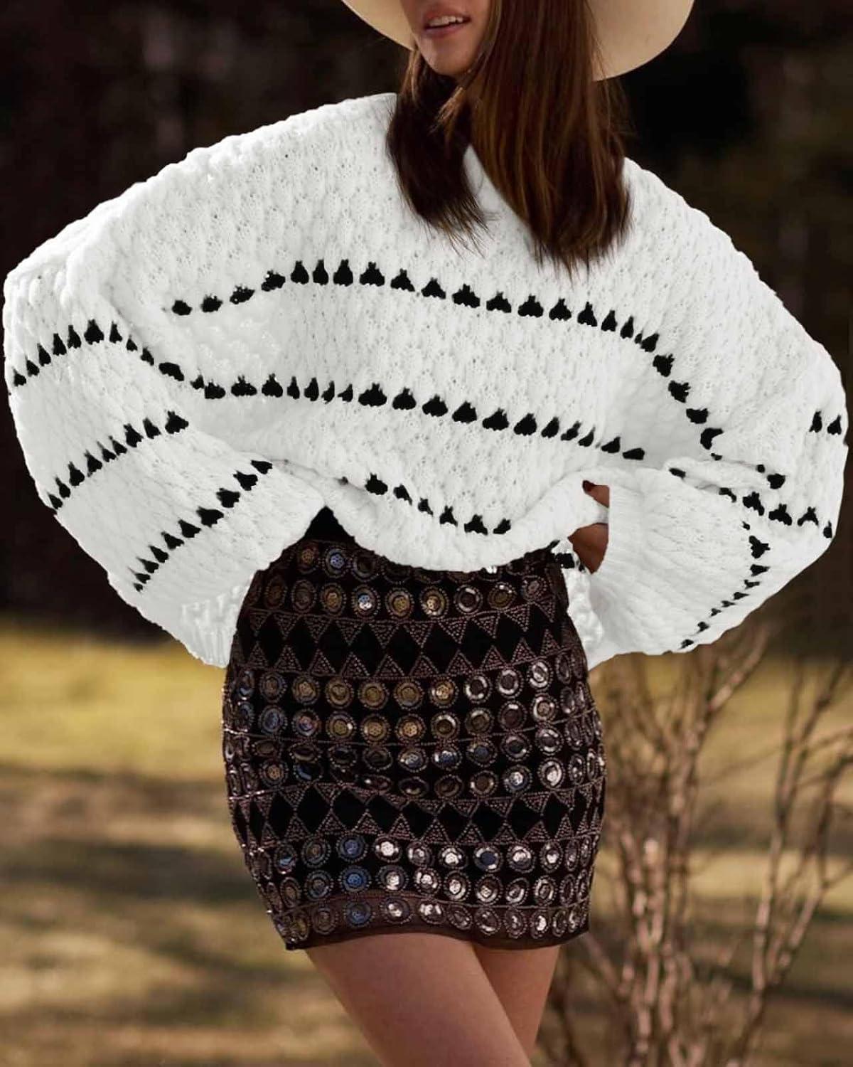 imageSaodimallsu Pull en tricot ray pour femme Manches longues bouffantes Col rond Automne TendanceBlanc