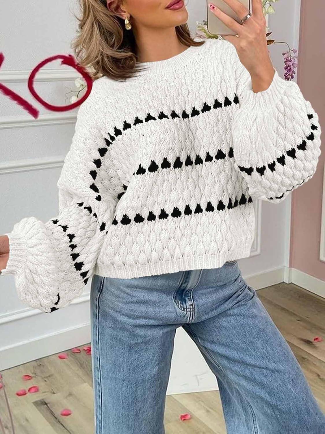 imageSaodimallsu Pull en tricot ray pour femme Manches longues bouffantes Col rond Automne TendanceBlanc