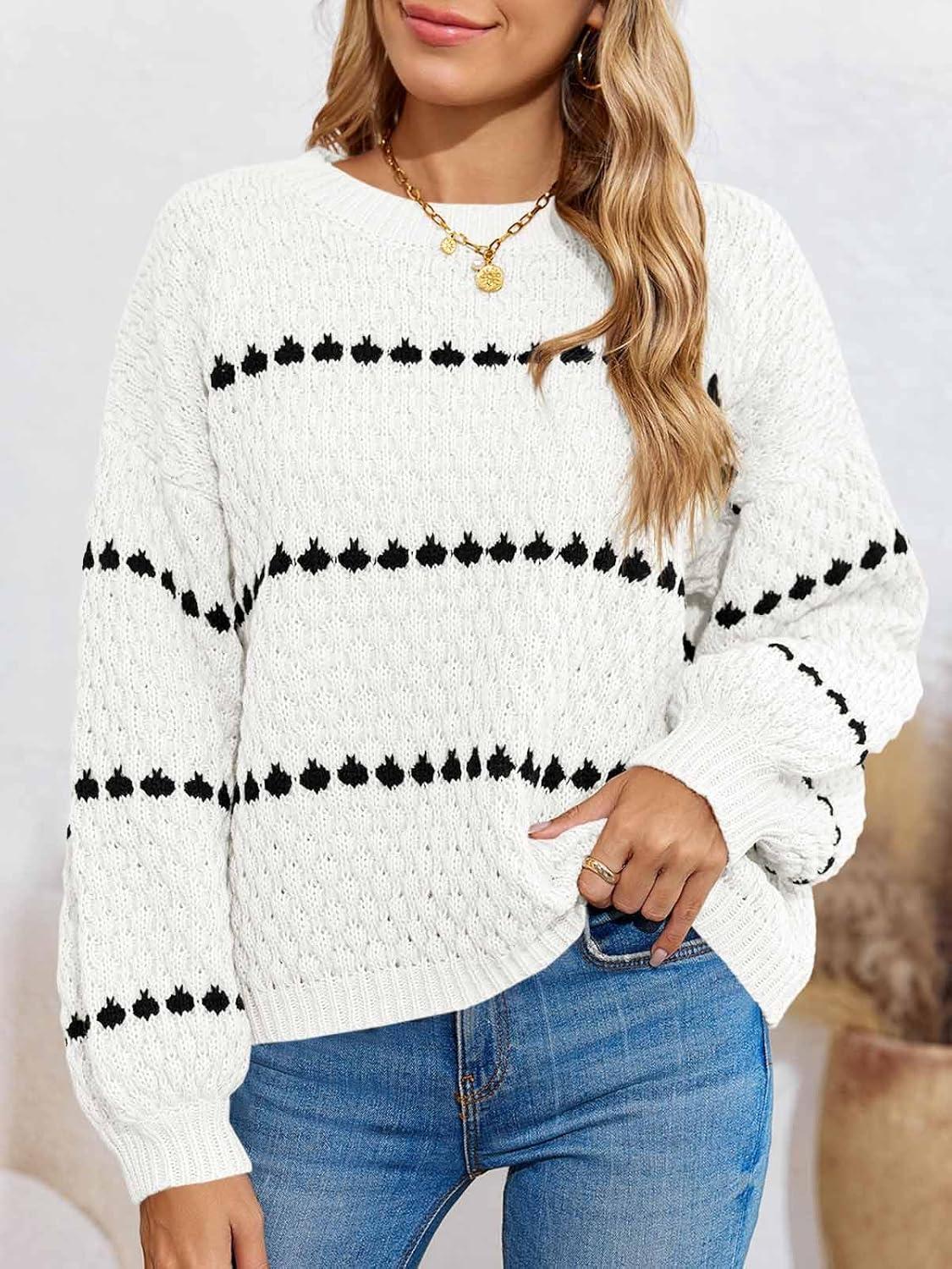 imageSaodimallsu Pull en tricot ray pour femme Manches longues bouffantes Col rond Automne TendanceBlanc