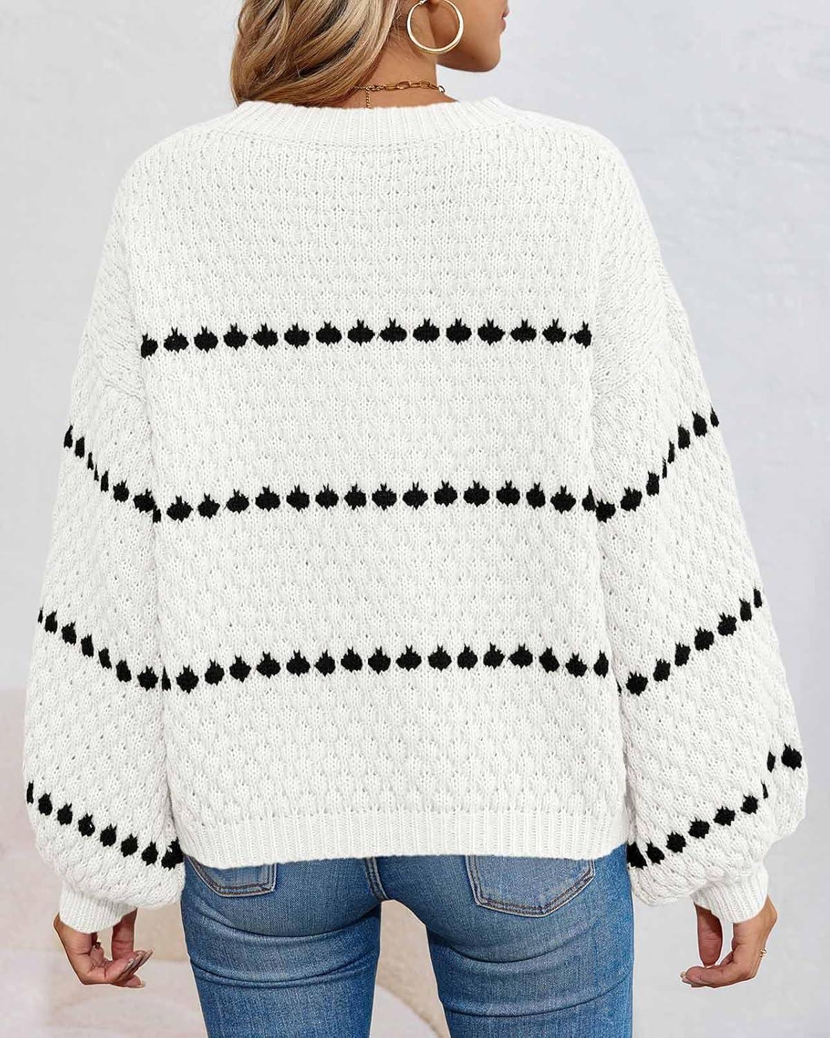 imageSaodimallsu Pull en tricot ray pour femme Manches longues bouffantes Col rond Automne TendanceBlanc