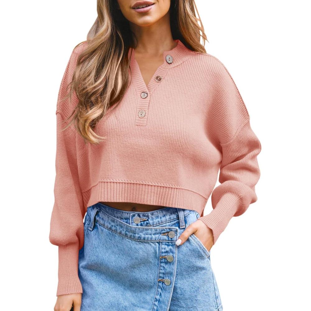 imageSaodimallsu Pull manches longues pour femme Col en V Pull en tricot ctel Dcontract et lgantRose