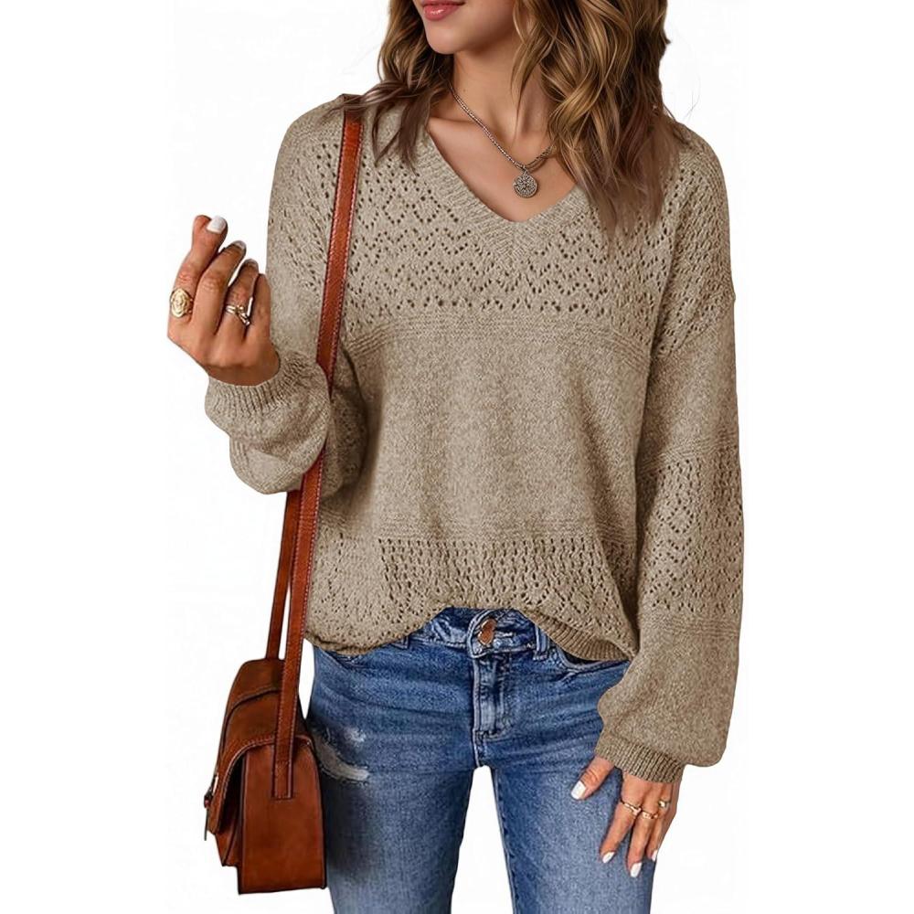 imageSaodimallsu Pull en tricot manches longues pour femme Col en V lgant Couleur unie Hauts Coupe droiteMarron