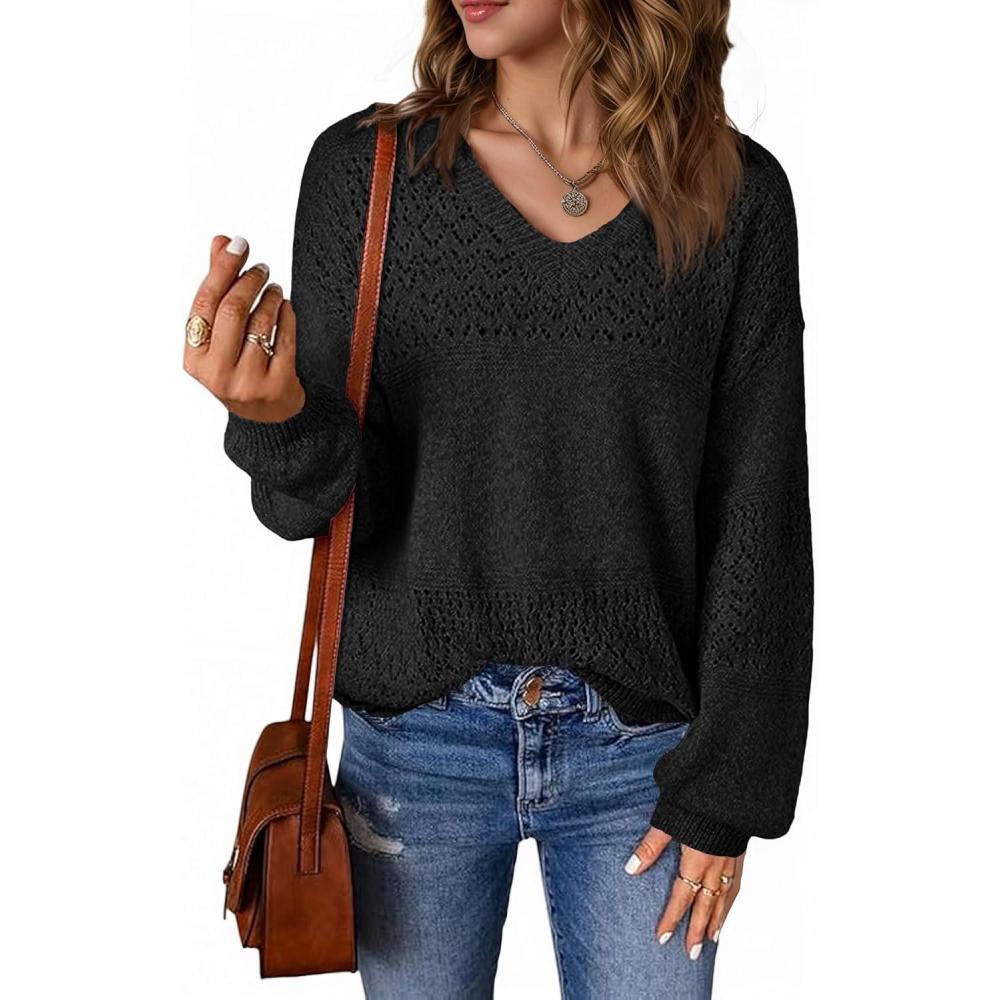 imageSaodimallsu Pull en tricot manches longues pour femme Col en V lgant Couleur unie Hauts Coupe droiteNoir