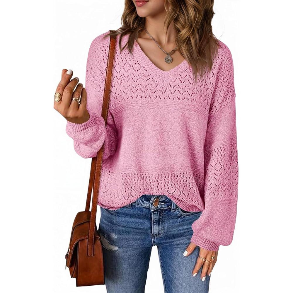 imageSaodimallsu Pull en tricot manches longues pour femme Col en V lgant Couleur unie Hauts Coupe droiteRose