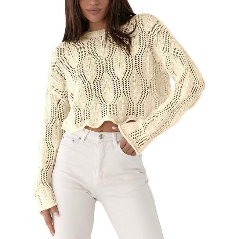 imageSaodimallsu Pull en tricot pour femme Col rond Chemisiers creux au crochet lgant Manches longues Dcontract Couleur unieBeige