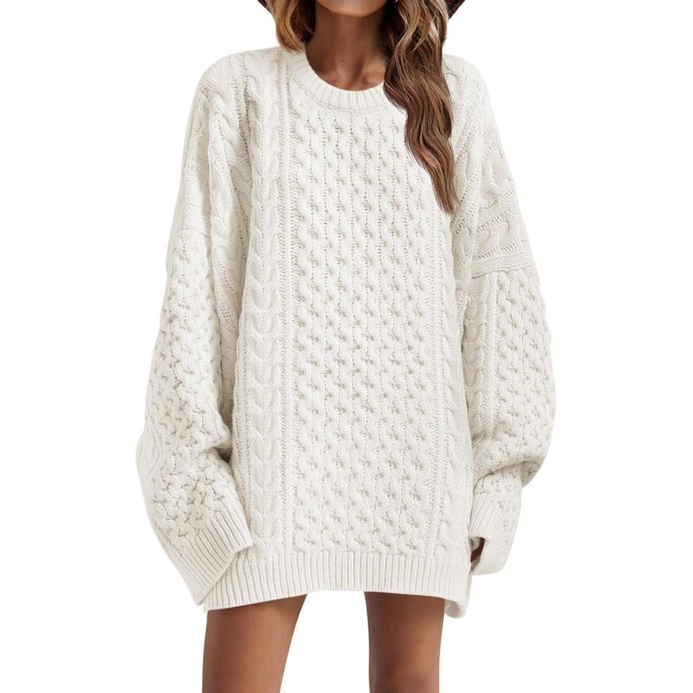 imageSaodimallsu Pull pour femme Col rond Pull en tricot dcontract Manches longues Fil Haut chaud HiverBlanc