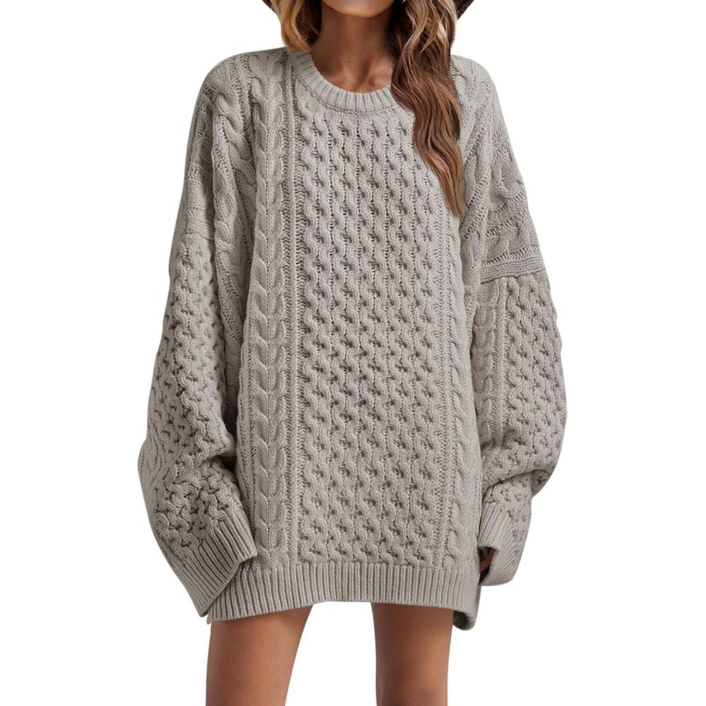 imageSaodimallsu Pull pour femme Col rond Pull en tricot dcontract Manches longues Fil Haut chaud HiverGris Clair