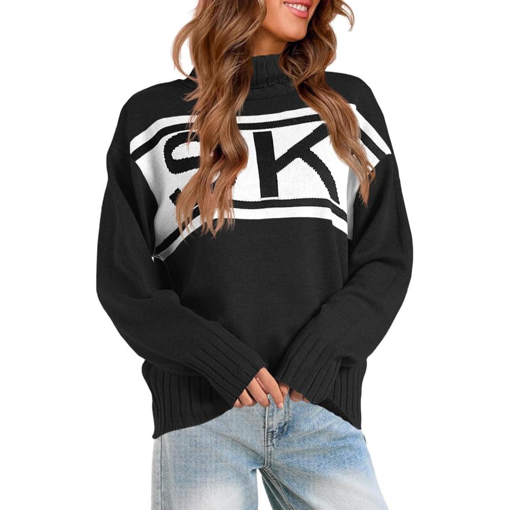 imageSaodimallsu Pull surdimensionn pour femme Col tortue Imprim ski Couleur bloc Pull en tricot Automne Hiver Manches longues Grosse maille ctele TendanceNoir