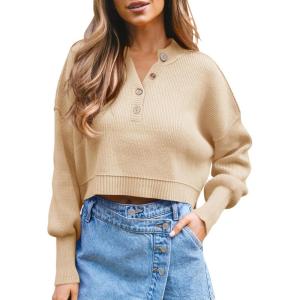 Saodimallsu Pull à manches longues pour femme – Col en V – Pull en tricot côtelé – Décontracté et élégant(Abricot)