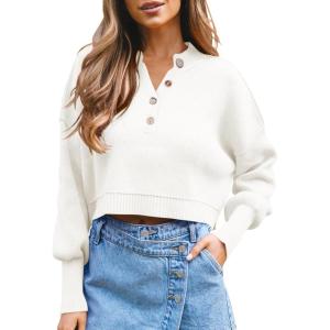 Saodimallsu Pull à manches longues pour femme – Col en V – Pull en tricot côtelé – Décontracté et élégant(Blanc.)