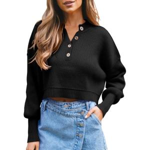 Saodimallsu Pull à manches longues pour femme – Col en V – Pull en tricot côtelé – Décontracté et élégant(Noir)