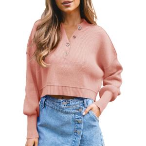 Saodimallsu Pull à manches longues pour femme – Col en V – Pull en tricot côtelé – Décontracté et élégant(Rose)