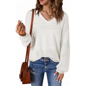 Saodimallsu Pull en tricot à manches longues pour femme – Col en V – Élégant – Couleur unie – Hauts – Coupe droite(Blanc.)