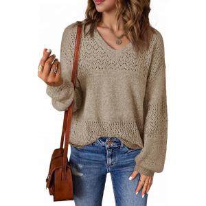 Saodimallsu Pull en tricot à manches longues pour femme – Col en V – Élégant – Couleur unie – Hauts – Coupe droite(Marron)