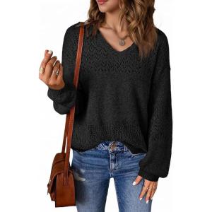 Saodimallsu Pull en tricot à manches longues pour femme – Col en V – Élégant – Couleur unie – Hauts – Coupe droite(Noir)