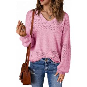 Saodimallsu Pull en tricot à manches longues pour femme – Col en V – Élégant – Couleur unie – Hauts – Coupe droite(Rose)