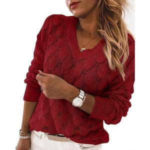 Saodimallsu Pull en tricot à manches longues pour femme – Col en V – Élégant – Couleur unie – Hauts – Coupe droite(Rouge)