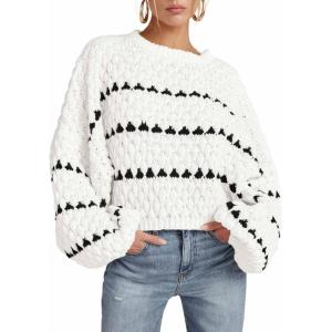Saodimallsu Pull en tricot rayé pour femme – Manches longues bouffantes – Col rond – Automne – Tendance(Blanc.)