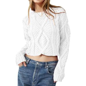 Saodimallsu Pull en tricot côtelé pour femme – Col rond – Manches longues – Décontracté – Élégant – Couleur unie(Blanc.)